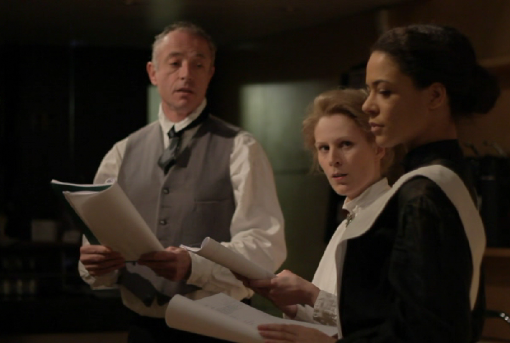 Still from TO FREEDOM'S CAUSE - Rada rehearsed reading, Prison Dr, Emily & Prison Wardress (Peter Salter, Kate Willoughby & Sabina Arthur) ; 2011